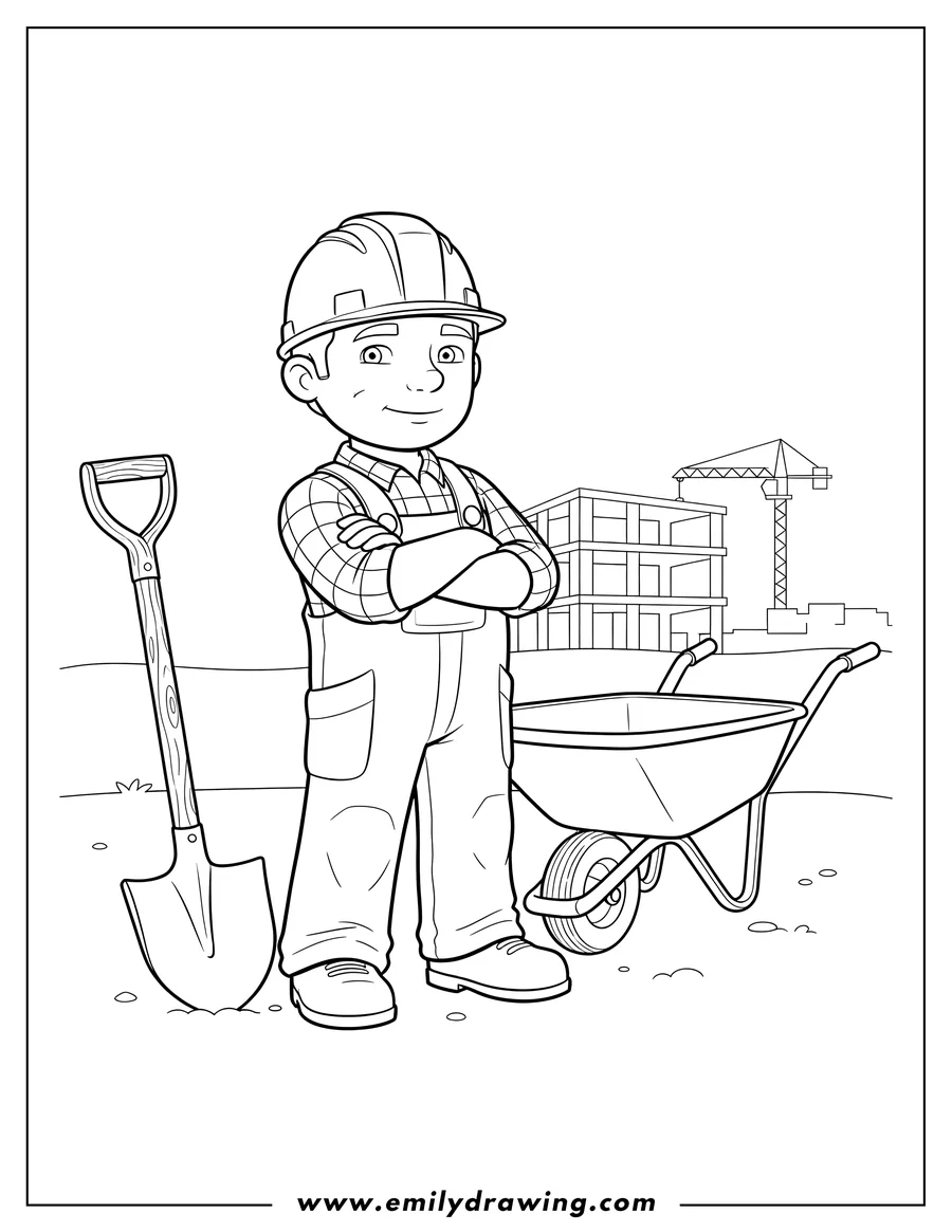 Free printable coloring sheet of bob Builder Tv, standing with arms crossed, with a shovel and wheelbarrow