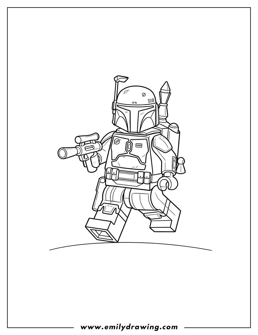 Linear illustration of lego Boba Fett minifigure running with Beskar Armor, Jet Pack, and Blaster