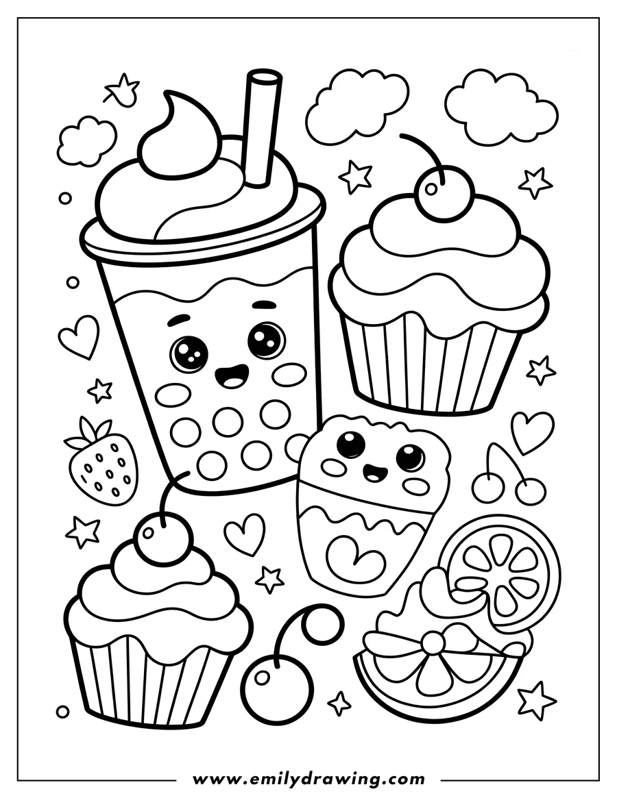 Line art of a boba tea with a happy face, topped with whipped cream and a straw, next to two cupcakes with cherries, a small ice cream, strawberries, and orange slices, with stars and hearts scattered.