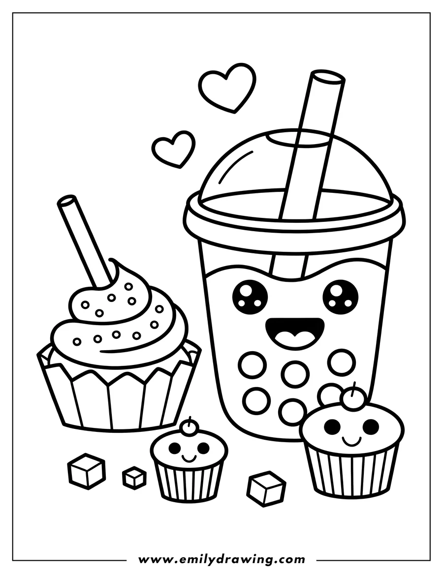 Line art of a smiling boba tea drink with a straw, accompanied by three cupcakes (one large, two small with faces) and sugar cubes, with two hearts floating above.