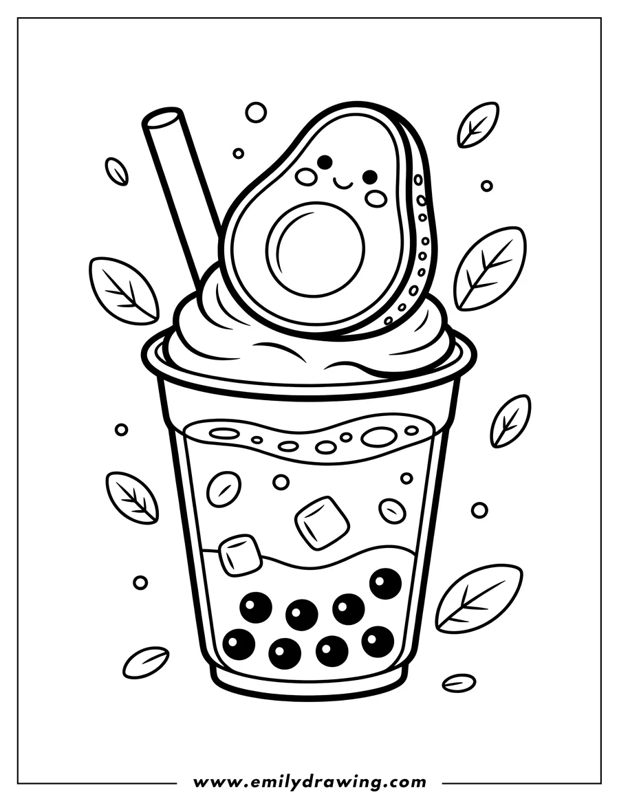 Line art of a boba tea cup with a happy avocado half as a topping, a straw, boba pearls, and ice cubes, surrounded by floating leaves and small circles.
