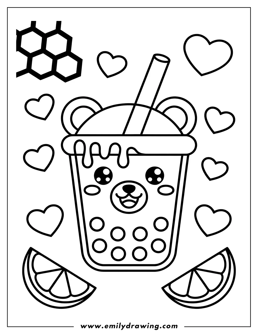 Outline of a boba tea cup with a bear's face, surrounded by hearts, two orange slices, and honeycombs