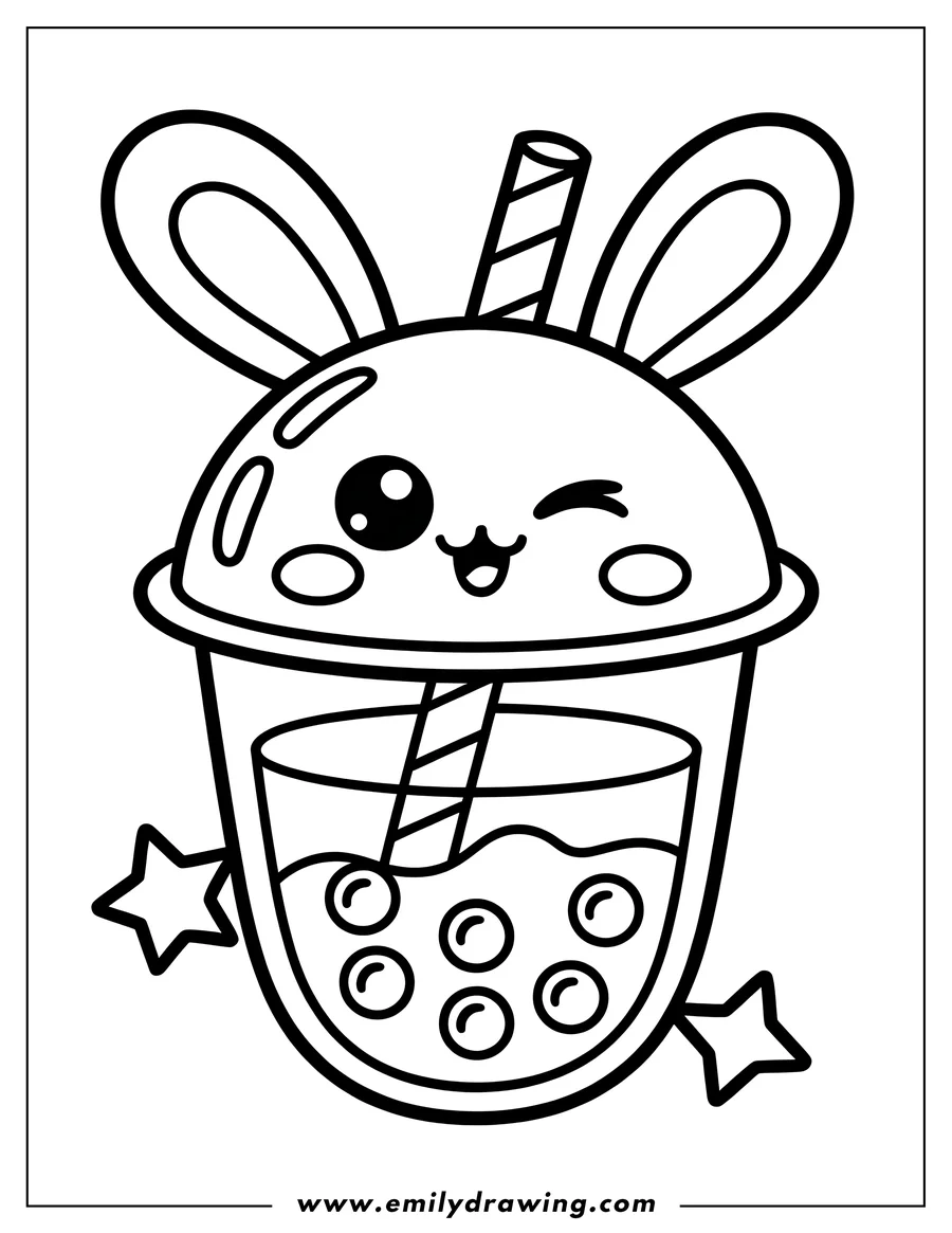 Outline of a boba tea cup with a happy, winking face and bunny ears on top, featuring a straw, bubbles in the drink, and two stars on the sides.