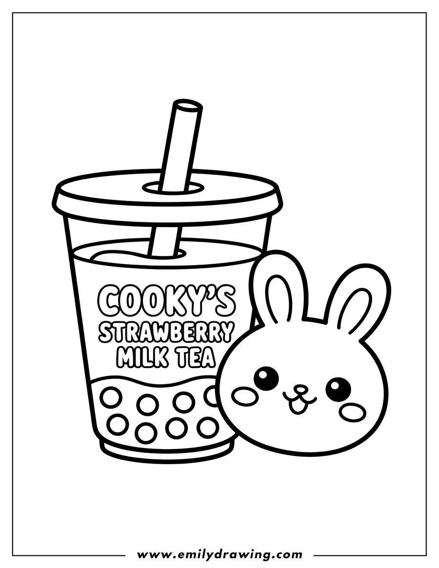 Line art of a boba tea cup labeled 'Cooky's Strawberry Milk Tea' with boba pearls at the bottom, next to a cute smiling bunny head with big ears.