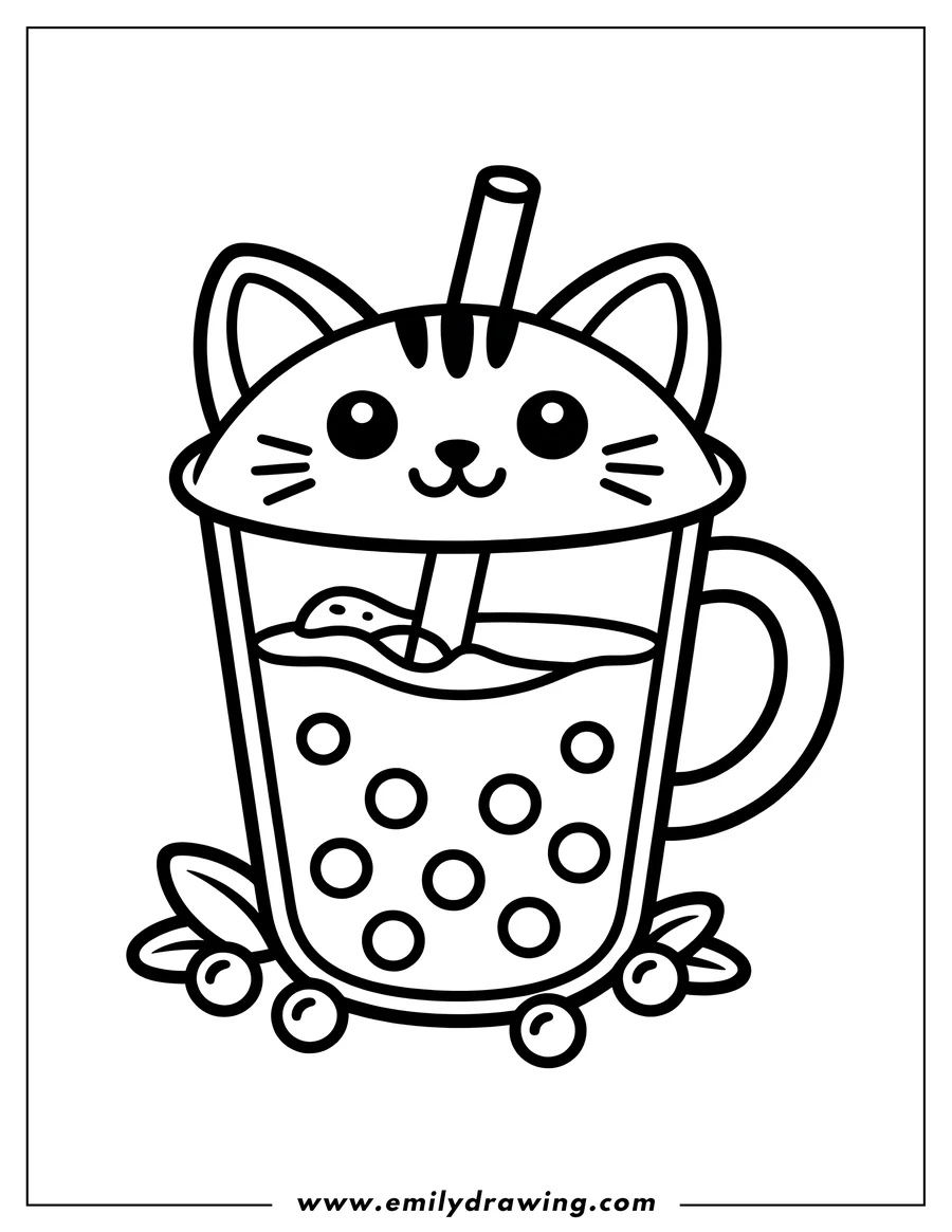 Outline of a boba tea cup with a happy cat face on top, featuring a straw, tapioca pearls, and berries with leaves at the base.
