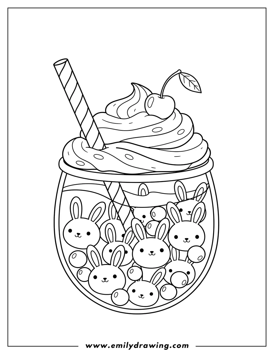 Vector style outline of boba tea cup with rabbit-shaped pearls, straw, and whipped cream for preschoolers