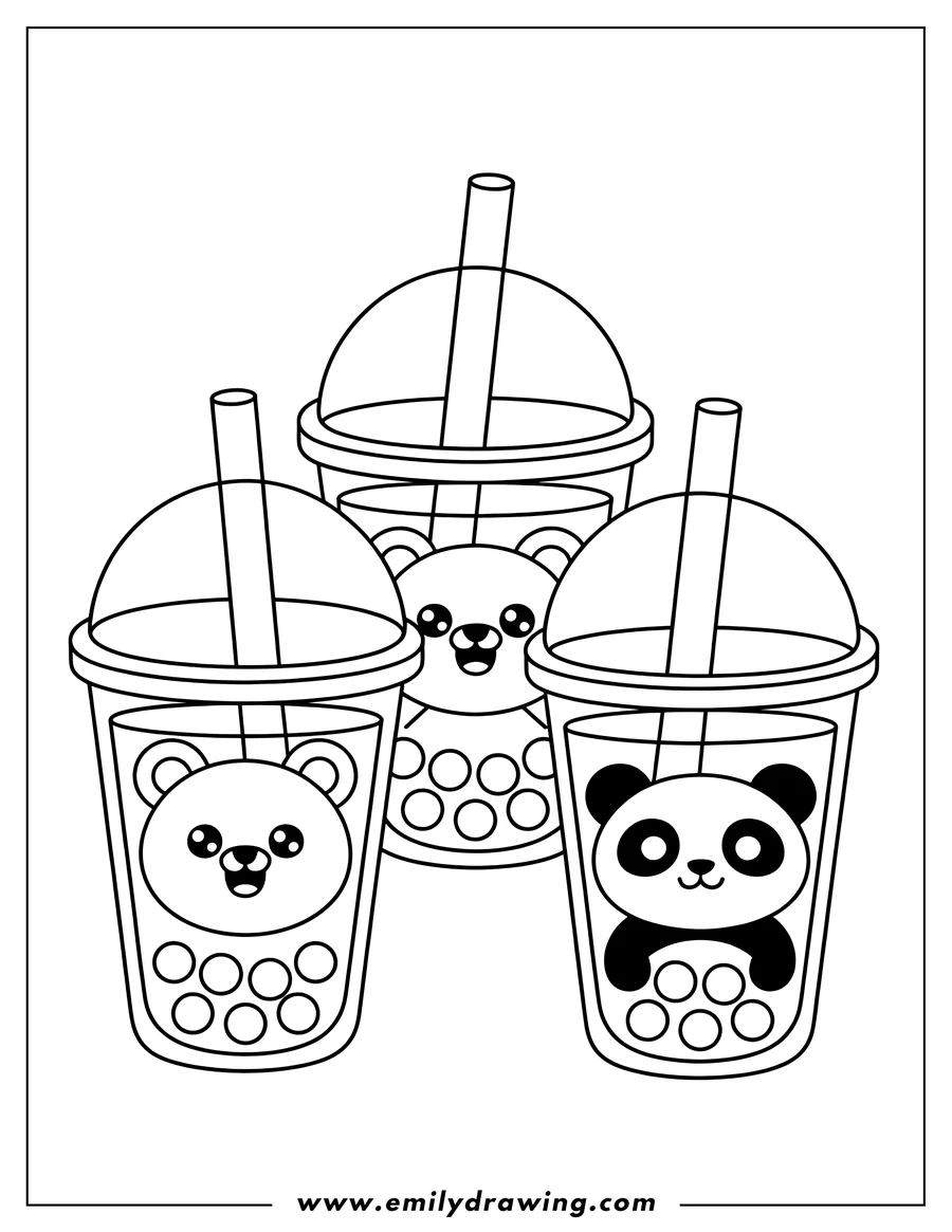 Line art of three boba tea cups, each featuring a different cute animal face (two bears, one panda) and boba pearls, with straws and domed lids.