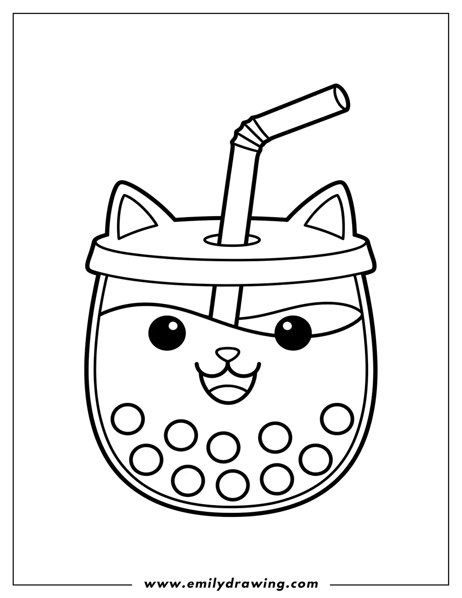 Linear illustration of boba Tea Cute Cat Cup Preschoolers, with a smiling face, straw, and boba pearls