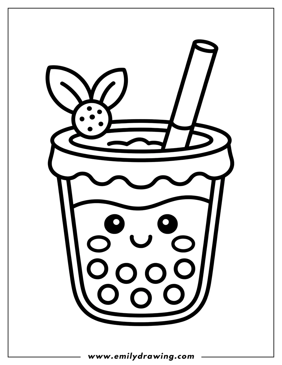 Line art of a boba tea cup with a happy face, boba pearls, a straw, and a berry with leaves on top
