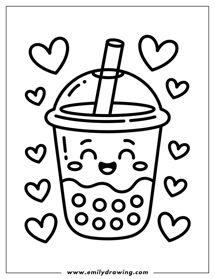 Outline of a happy boba tea cup with a straw, surrounded by floating hearts.