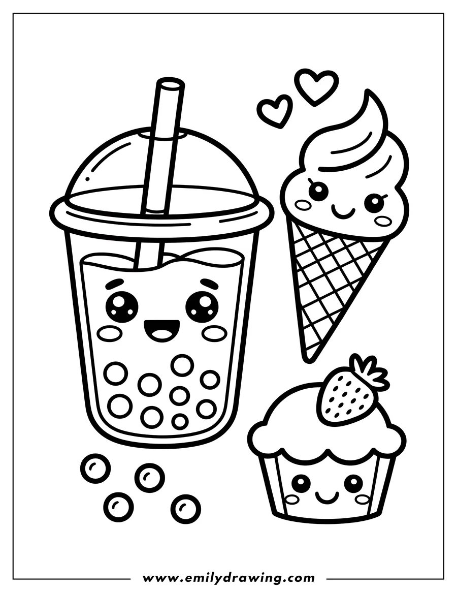 Outline of a smiling boba tea drink with a straw, next to a smiling ice cream cone, and a smiling cupcake with a strawberry on top, all in a cute style.