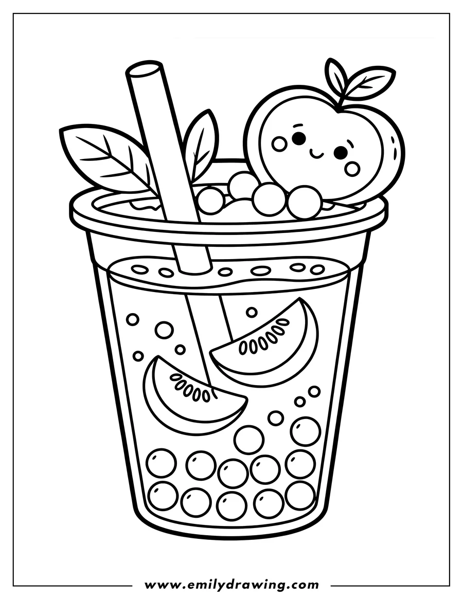 Outline of a boba tea drink in a clear cup with a straw. It has a kawaii-style apple character with a happy face and leaves on top, along with decorative berries. Inside the drink are fruit slices and round boba pearls at the bottom.