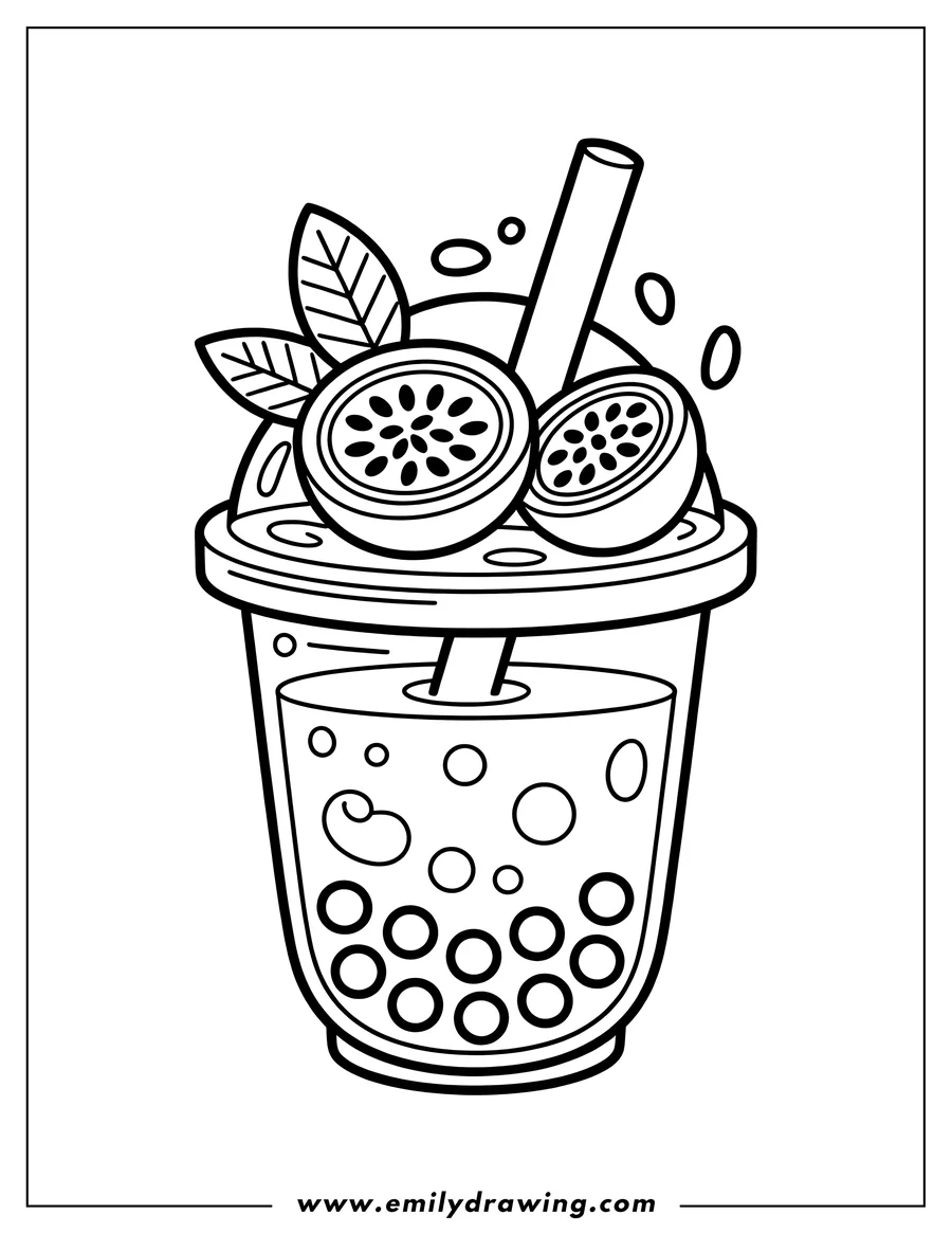 Line art of a boba tea cup with a straw, topped with two halved passion fruits and leaves, with bubbles inside the drink.