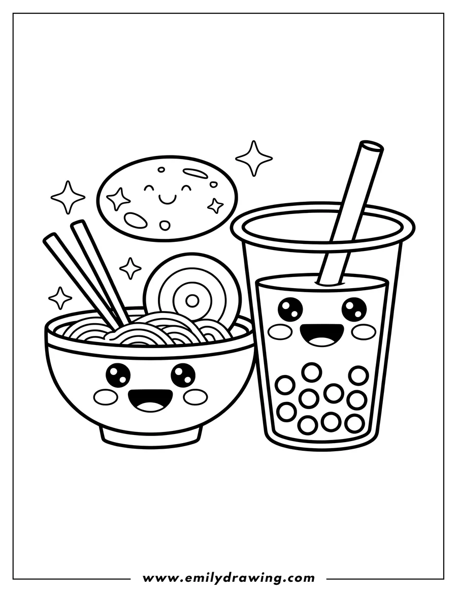 Outline of a kawaii boba tea drink with a straw next to a kawaii bowl of ramen noodles with chopsticks, and a round cookie with a smiling face.