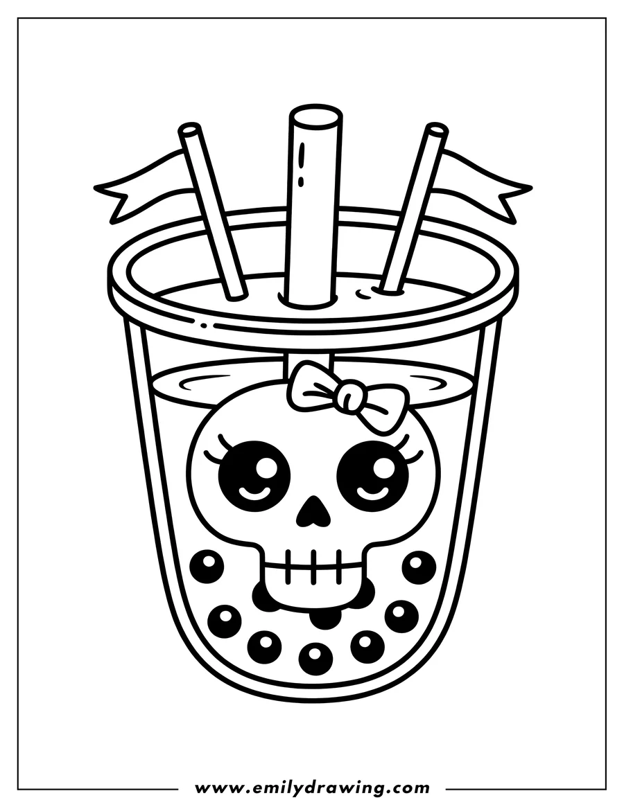 Outline of a boba tea cup with a large, cute skull character inside, wearing a bow on its head, surrounded by tapioca pearls. The cup has a wide straw and two smaller flag-adorned straws.