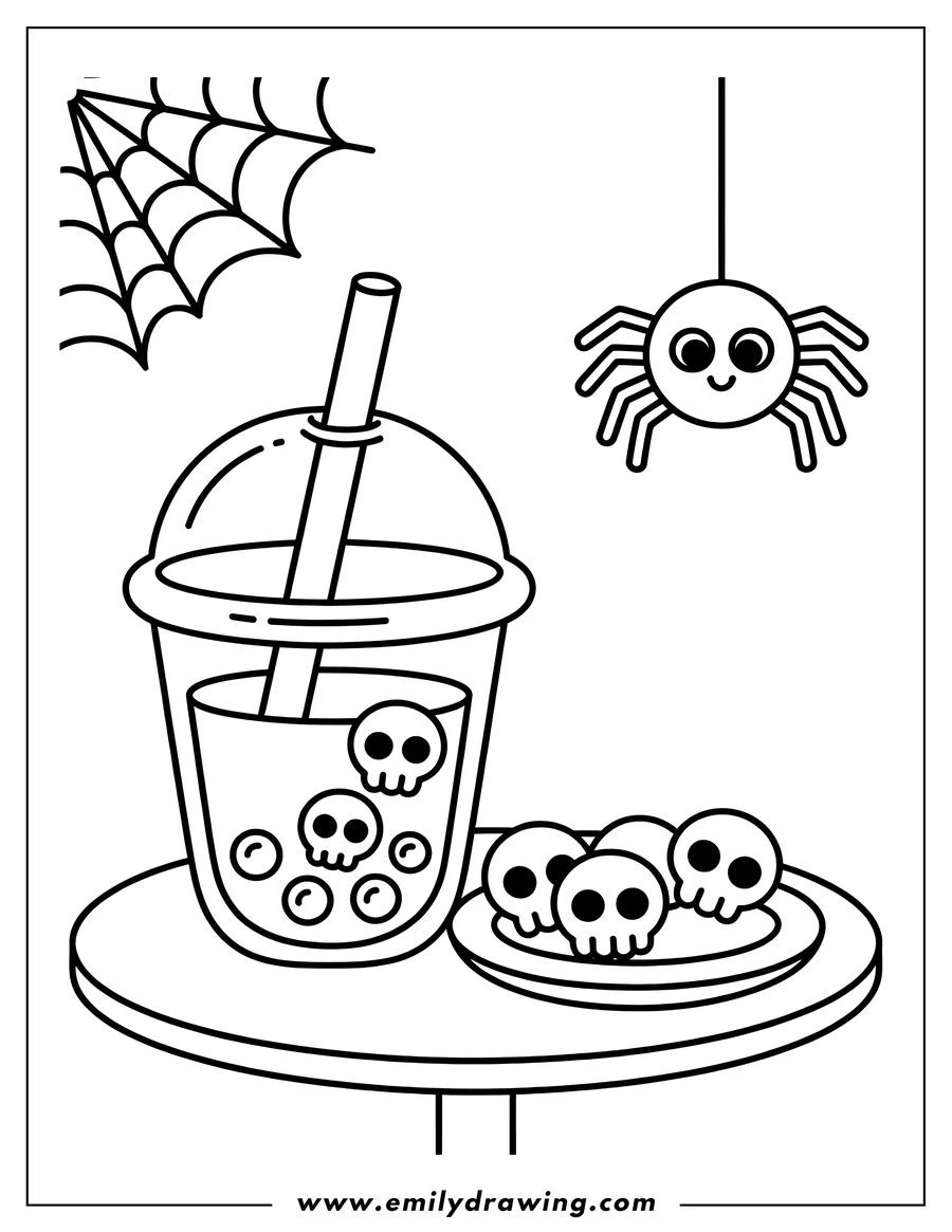 Line art of a boba tea with floating skull and tapioca pearls, a plate of skull-shaped cookies, a hanging spider, and a spider web