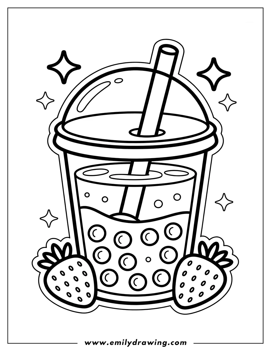 Outline of a boba tea drink in a cup with a straw, surrounded by two strawberries and twinkling stars.