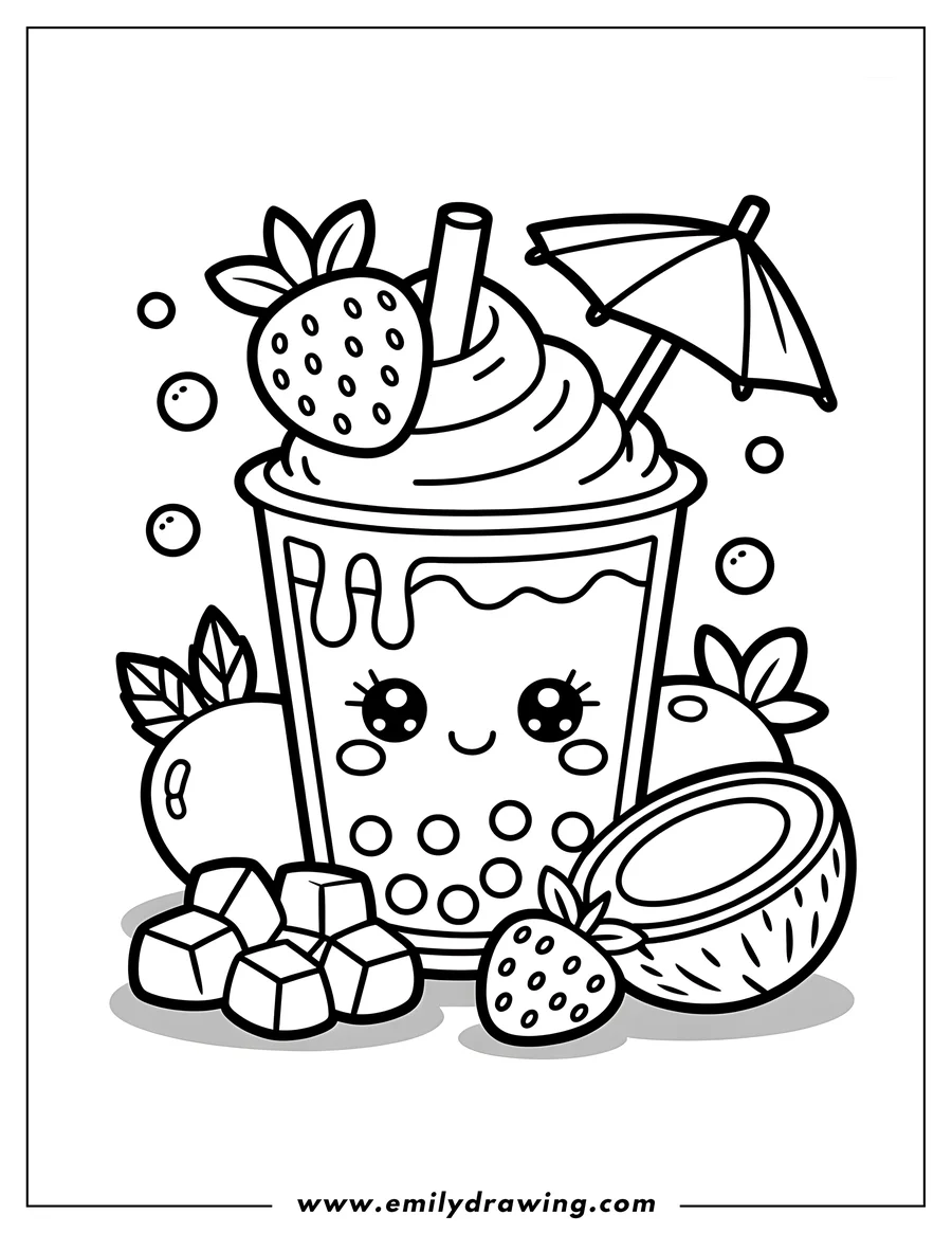 Outline of a cheerful boba tea cup with a strawberry, whipped cream, and a drink umbrella, surrounded by mango cubes, a coconut, and more strawberries.