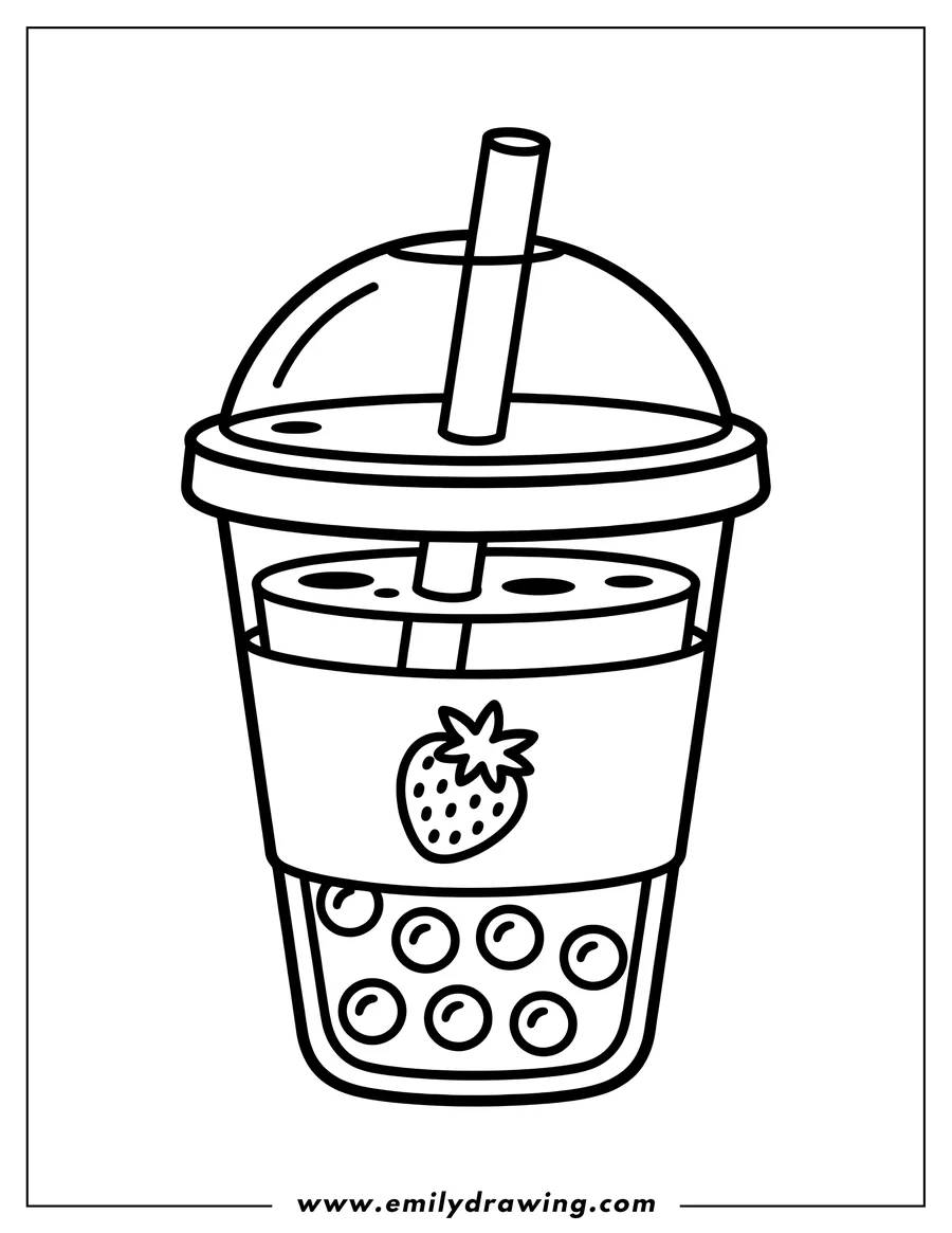 Line art of a boba tea cup with a domed lid and a wide straw, featuring a strawberry design on the cup's label and round tapioca pearls at the bottom.