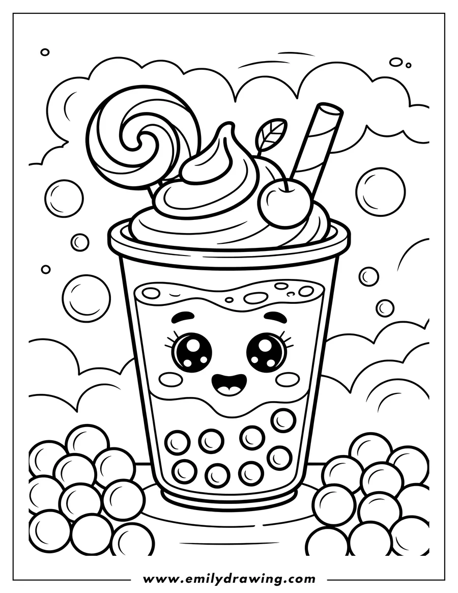 Line art of a boba tea drink with a happy kawaii face, topped with whipped cream, a cherry, a candy stick, and a large swirl lollipop. Bubbles and tapioca pearls are also visible.