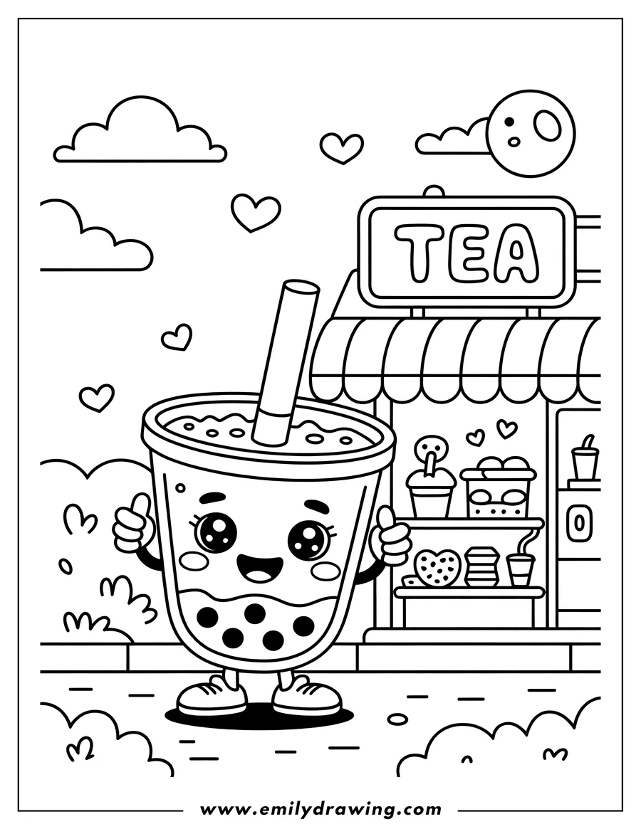 Line art of a boba tea drink character with a happy face, giving a double thumbs up, standing in front of a tea shop