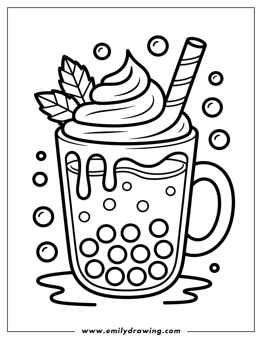 Line art of a boba tea in a mug, topped with whipped cream and mint leaves, with a straw and surrounding bubbles.