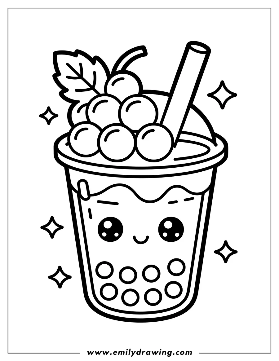 Line art of a boba tea cup with a happy face, big bubbles on top with a leaf, and small tapioca pearls inside, surrounded by sparkles.