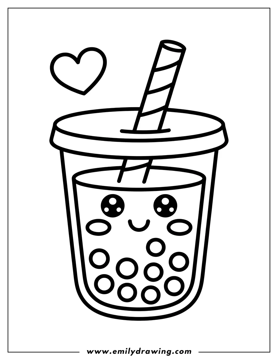 Line art of a boba tea drink with a happy face and tapioca pearls, with a heart floating above it.