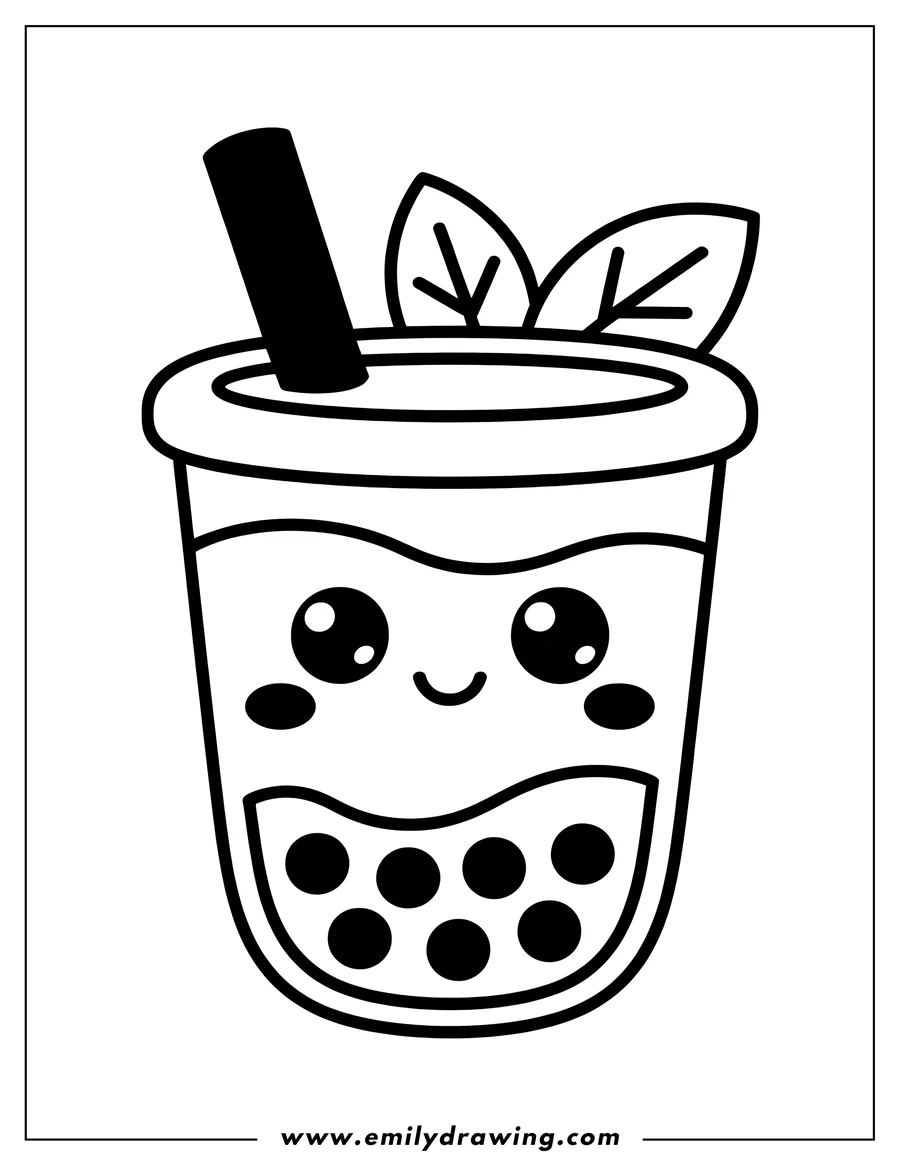 Line art of a boba tea cup with a happy face, a straw, and two leaves on top, filled with tapioca pearls at the bottom.