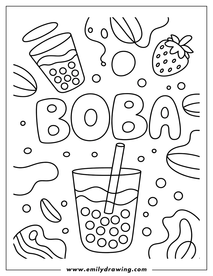 Outline of two boba tea cups with pearls and straws, surrounded by the word 'BOBA', strawberries, and various abstract shapes and bubbles.