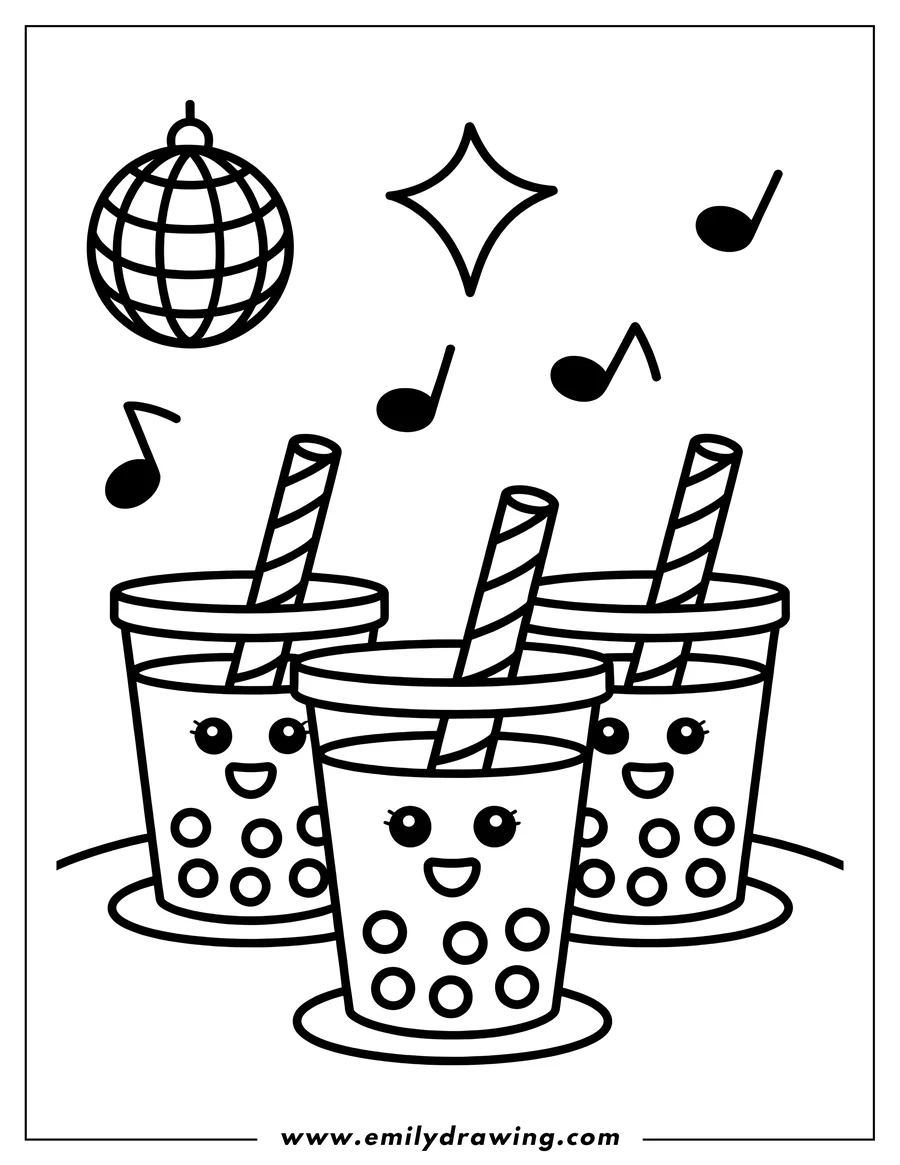 Line art of three happy boba teas with smiling faces and tapioca pearls, accompanied by a disco ball, a sparkle icon, and music notes.