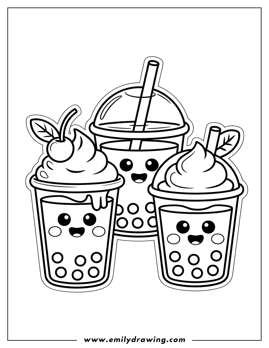 Outline of three kawaii boba tea drinks, each with a happy face. One has whipped cream and a cherry, another has whipped cream and a leaf, and the third has a straw.