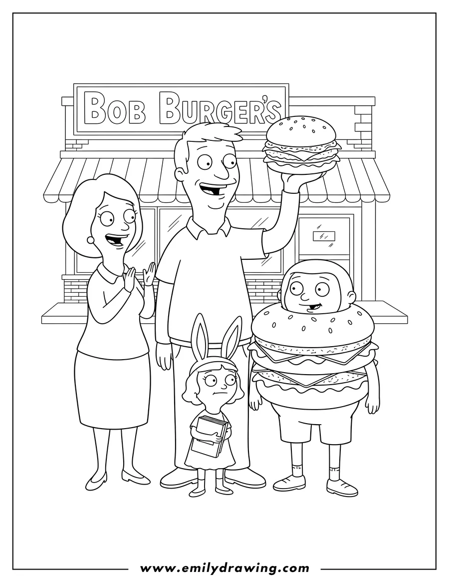 Clean line drawing: bob S Burgers Poster of the Belcher family, with Bob holding a burger and Gene in a burger costume