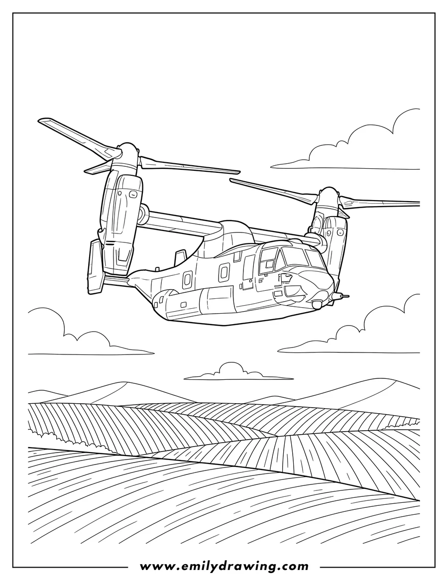 High quality printable boeing V 22 Helicopter Scaled flying over fields for coloring
