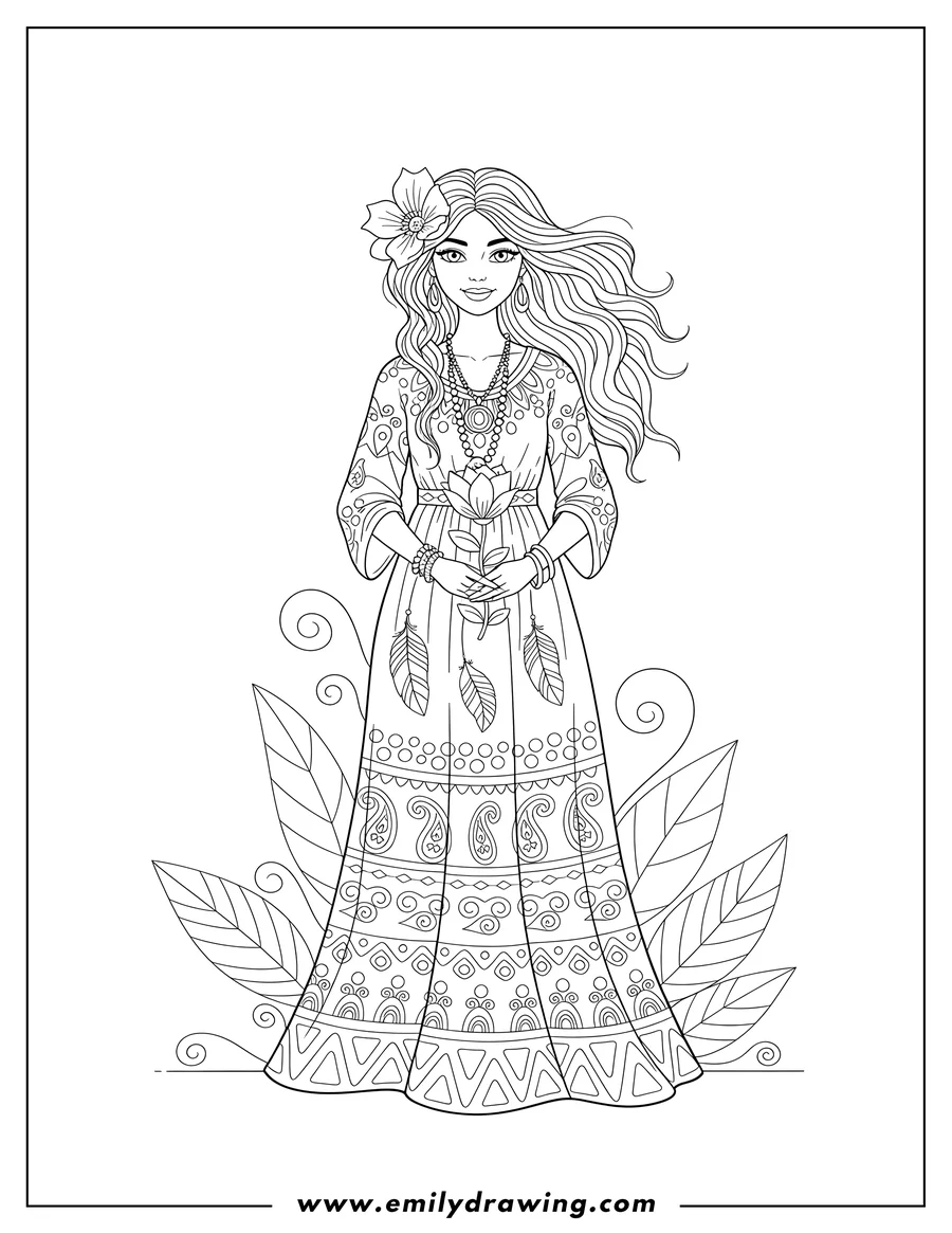 Black and white line art of boho Woman with a flower in her hair, holding another flower