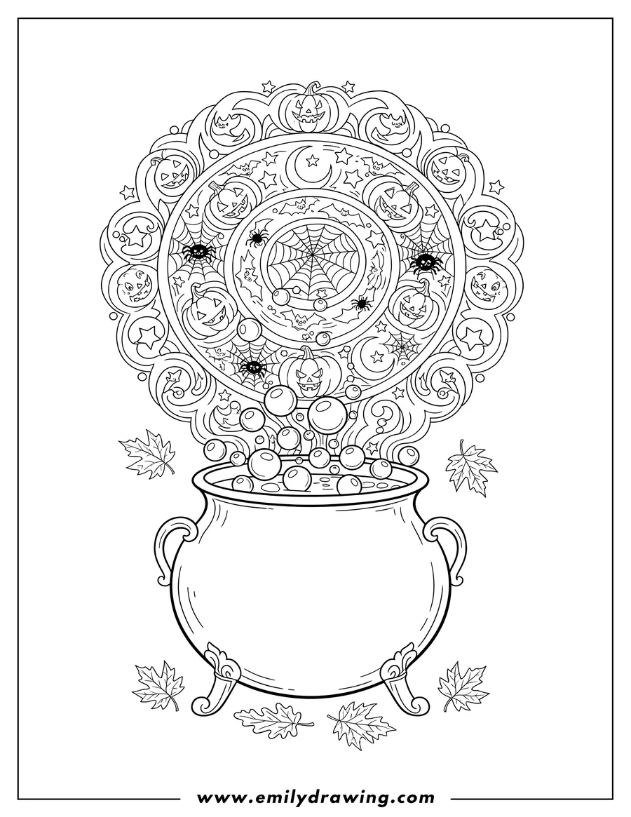 Black and white line art of boiling Cauldron with Halloween Mandala, with bubbles, steam, and leaves