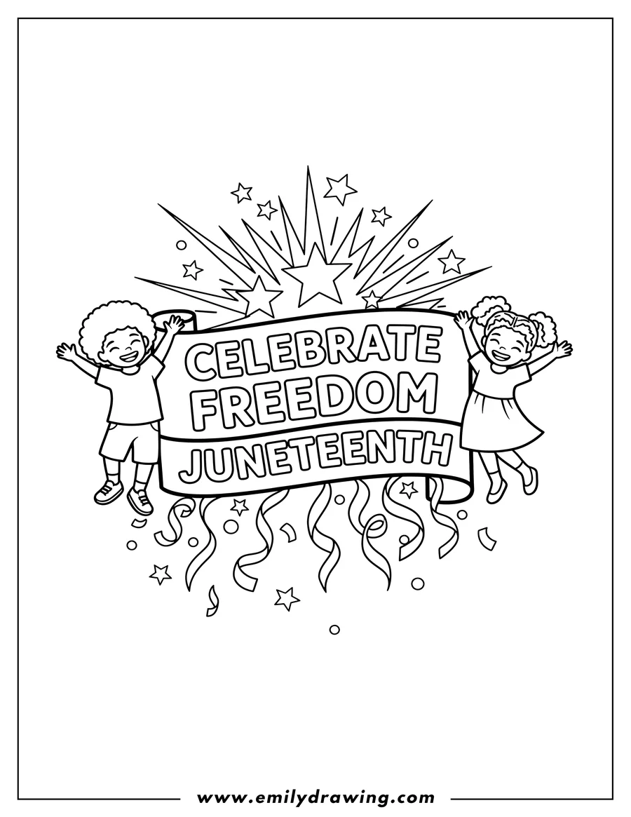 Coloring sheet featuring bold Juneteenth Freedom Poster With Stars, a coloring page featuring the words 'Celebrate Freedom Juneteenth'