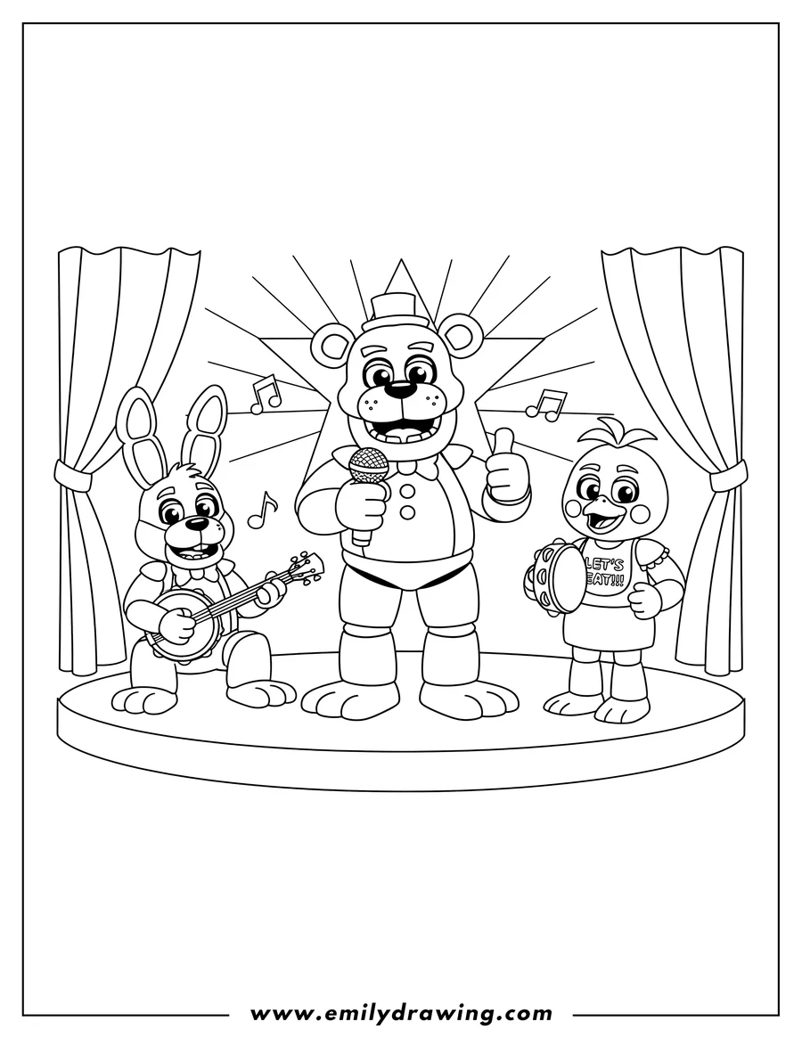 Vector style outline of bonnie, Freddy Fazbear, and Chica Band performing with banjo and microphone