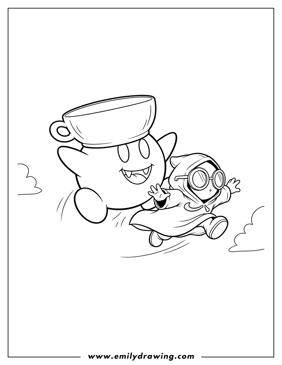 Clean line drawing: boo in a Bowl Hat and Shy Guy wearing Aviator Glasses flying together