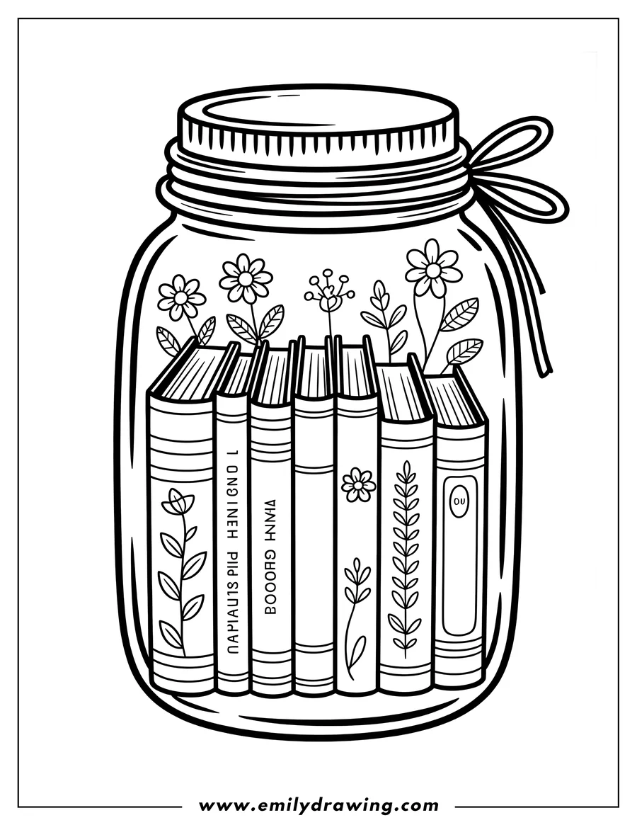 Line art of several books and small flowers inside a glass mason jar with a lid and a bow tied around the top.