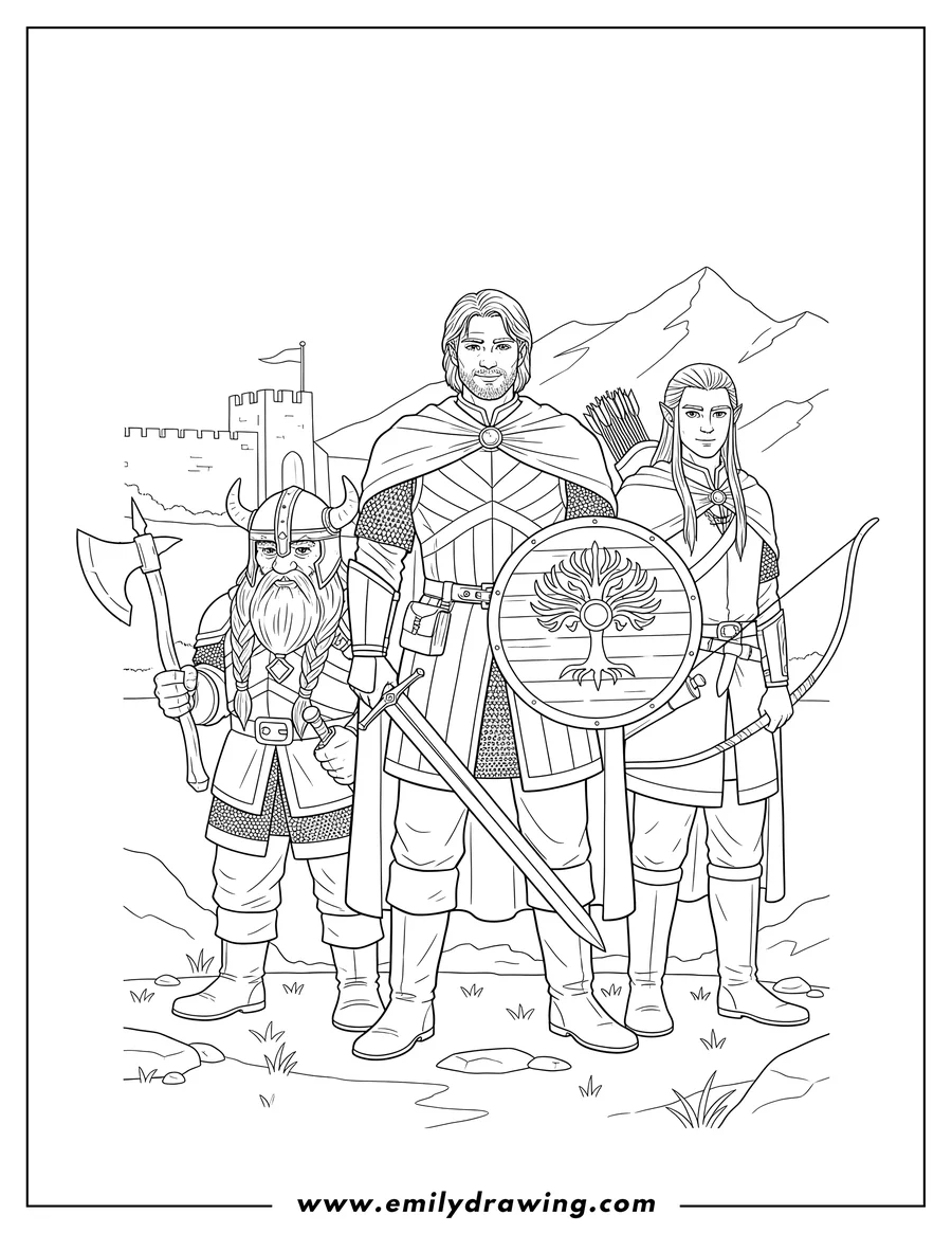 High quality printable lord Rings Boromir, Gimli, and Legolas standing together with their weapons for coloring