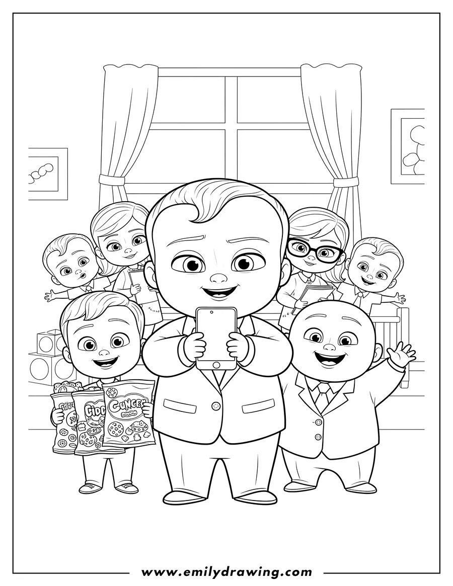 Coloring page of boss Baby Ted holding a phone with Tim holding snacks, Jimbo waving, Staci, and the Triplets