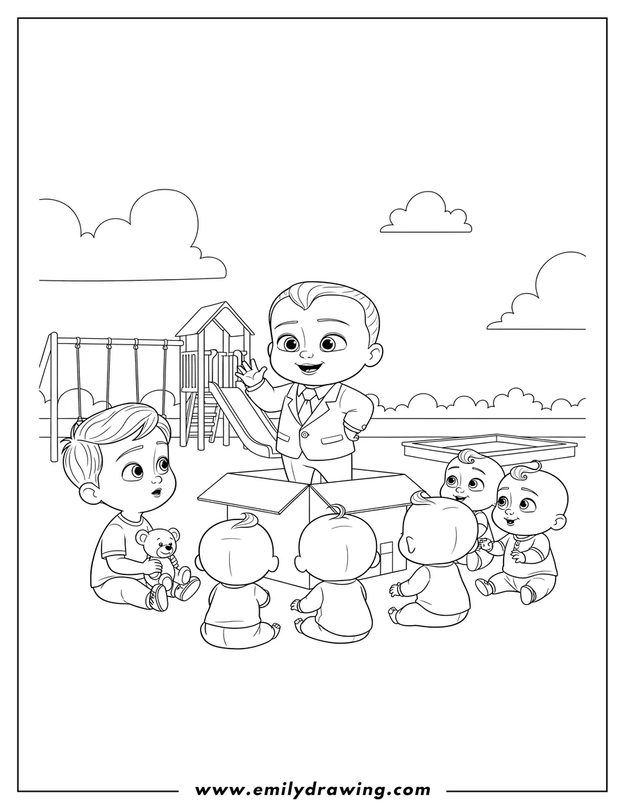 Downloadable coloring page of boss Baby on a box, speaking to other babies and Tim, in a playground