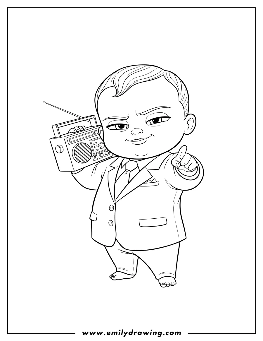 Outline drawing of cute Boss Baby holding a radio to his ear, pointing his finger, with a sassy expression