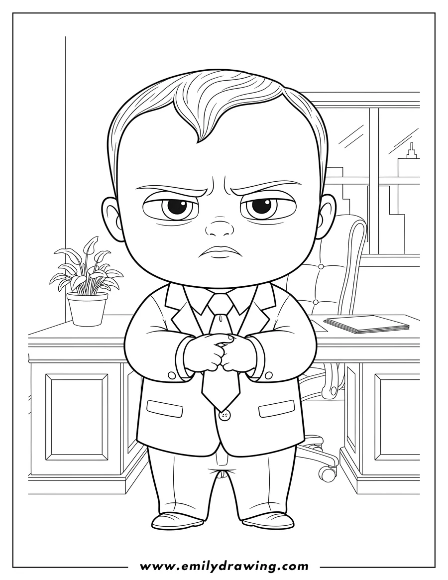 Black and white line art of boss Baby Office, wearing a suit and tie, with hands clasped and a stern expression