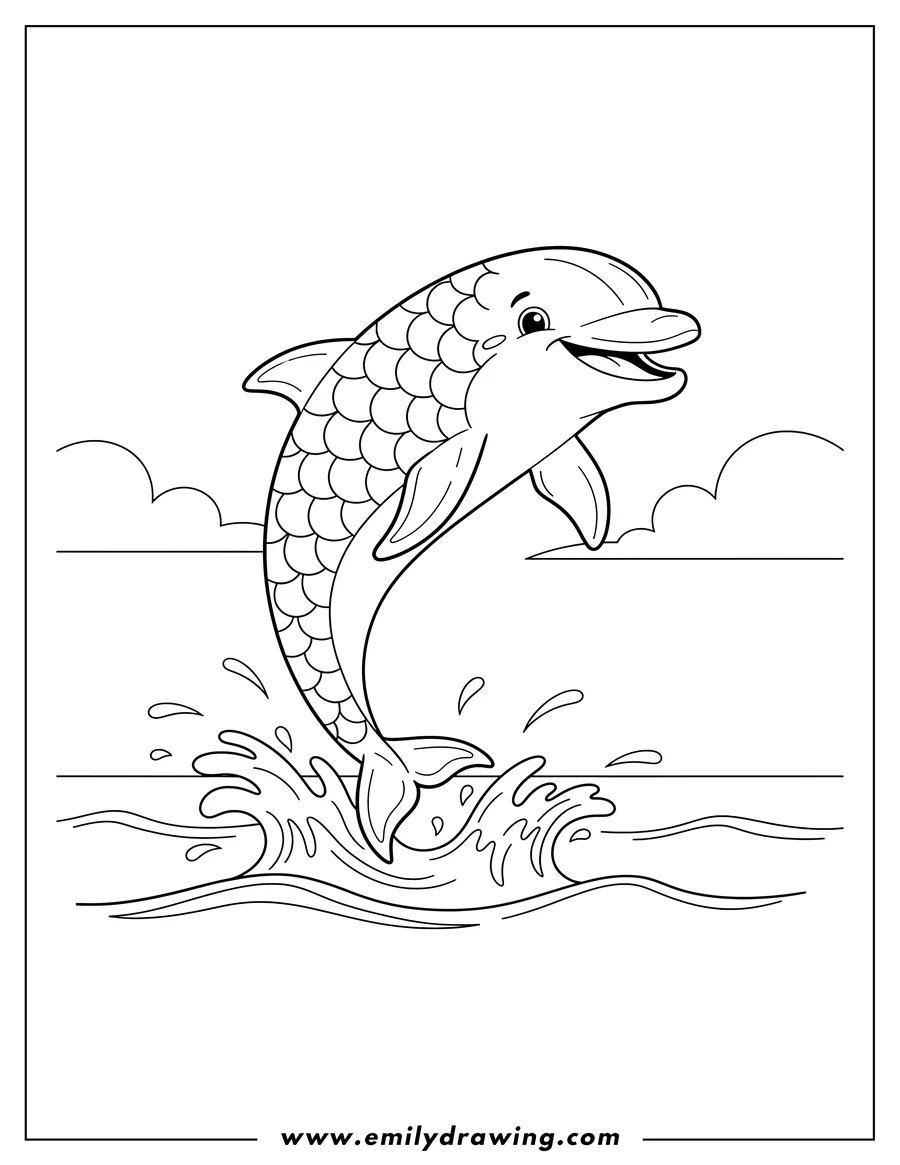 Outline drawing of common Bottlenose Dolphin Scaled, jumping and smiling