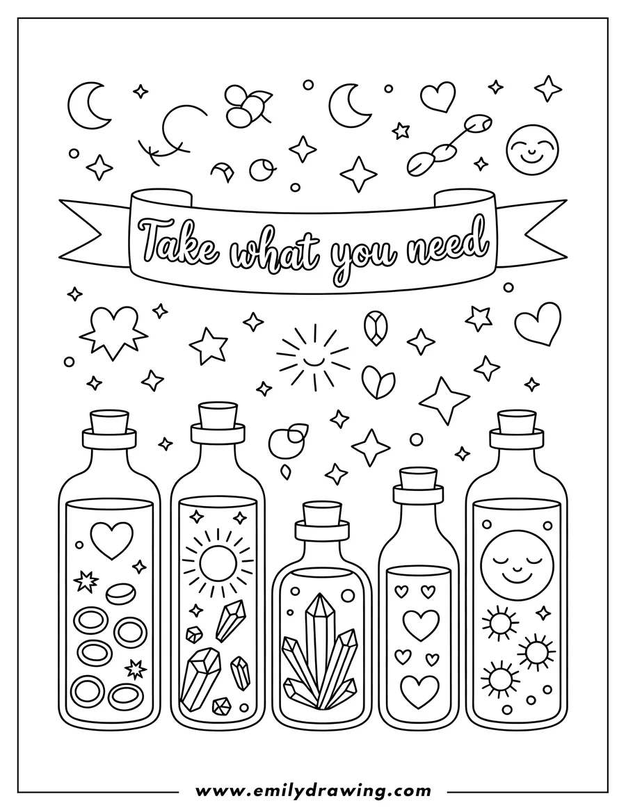 Line art of five bottles filled with various elements like hearts, coins, crystals, and suns, with a banner above saying 'Take what you need', surrounded by stars, moons, and other celestial symbols.