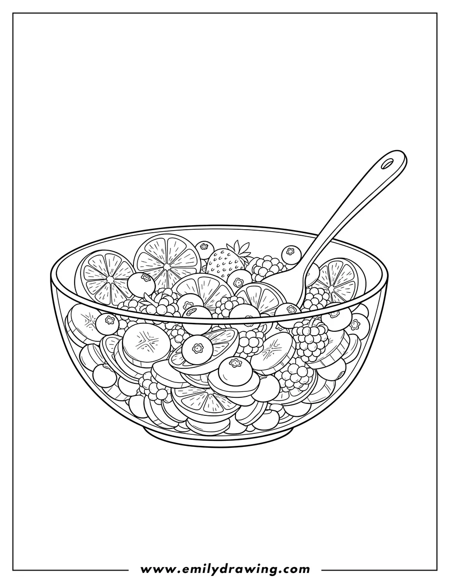 Free to print drawing of A bowl of fruit salad with a spoon, featuring lemon, berries, and banana slices