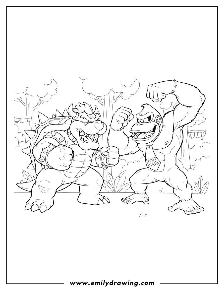 Printable coloring page of bowser and Donkey Kong in a fighting pose to color