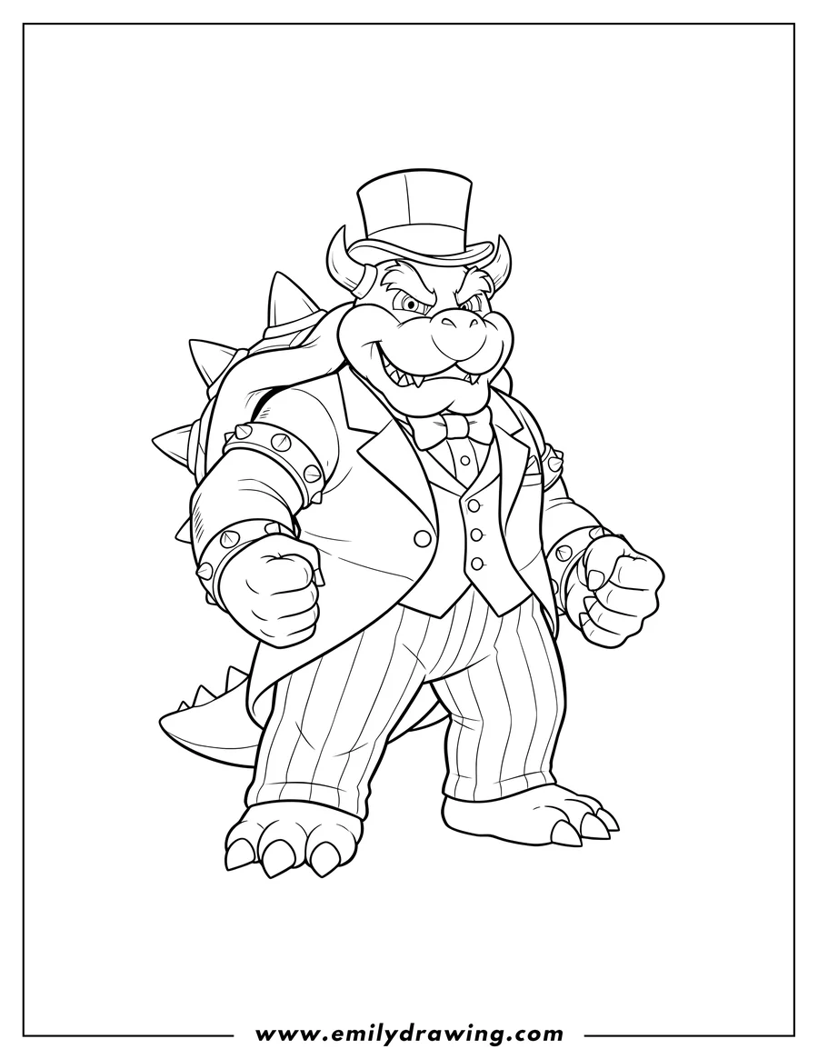 Coloring page of bowser Dressed Wedding Suit with a top hat and clenched fists